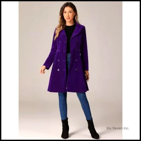 Velvet Trench Coat with Puff Sleeves, A-Line Double Breasted Winter Coat